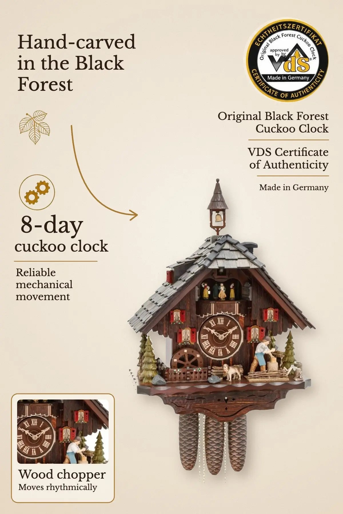 Black Forest house with large wood chopper 8-day cuckoo clock with music – VDS certified | Montag Steins & Clocks