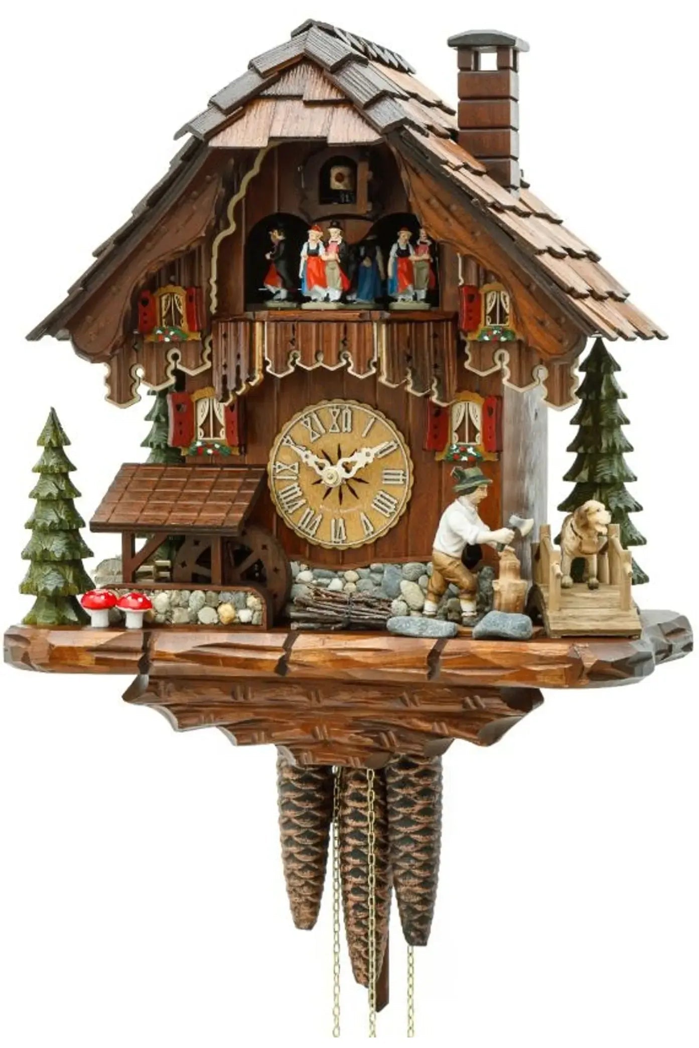Black Forest house with movable wood chopper and mill wheel 1 day cuckoo clock Hekas