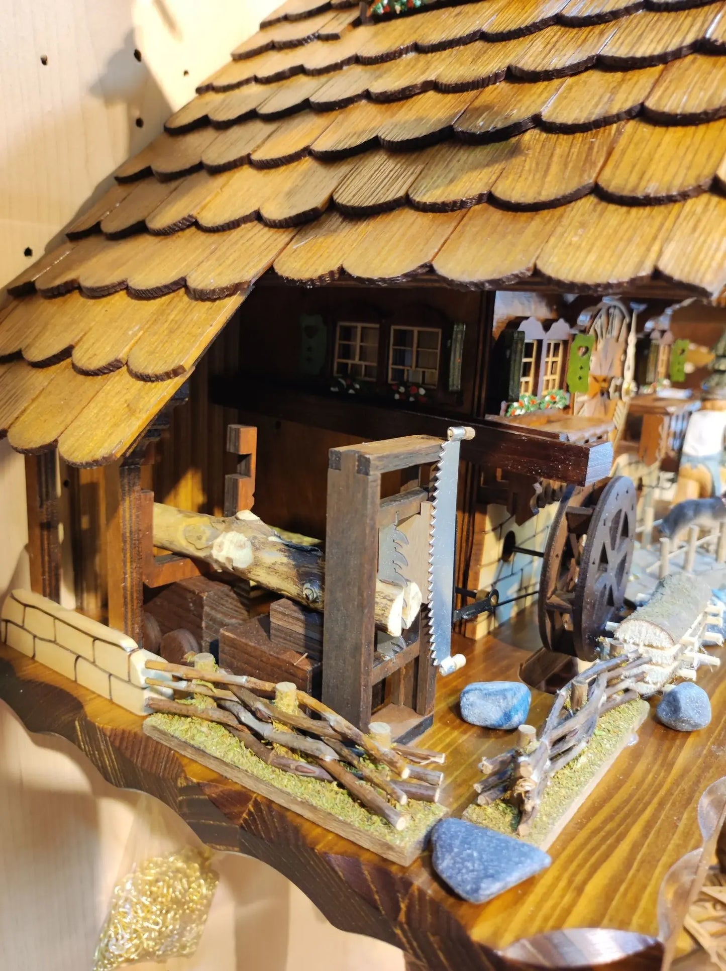 Black Forest house with wood chopper and sawmill 8 days Cuckoo clock with music Hekas