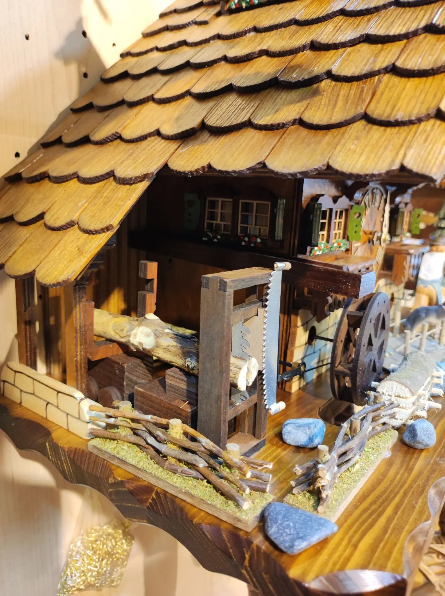Black Forest house with wood chopper and sawmill 8 days Cuckoo clock with music Hekas