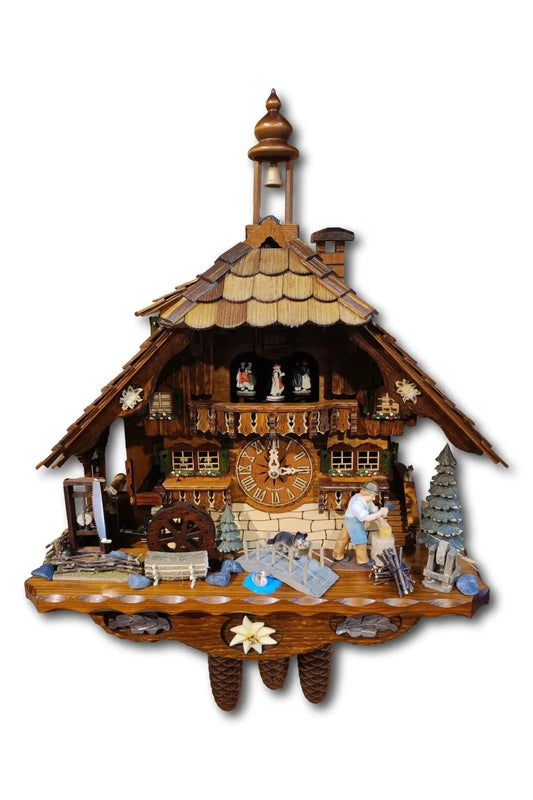 Black Forest house with wood chopper and sawmill 8 days Cuckoo clock with music Hekas