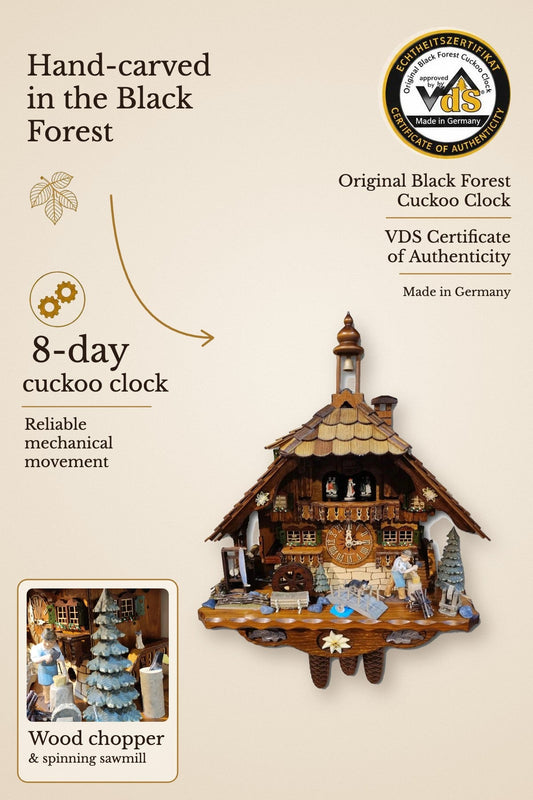 Black Forest house with wood chopper and sawmill 8 days cuckoo clock with music – VDS certified | Montag Steins & Clocks