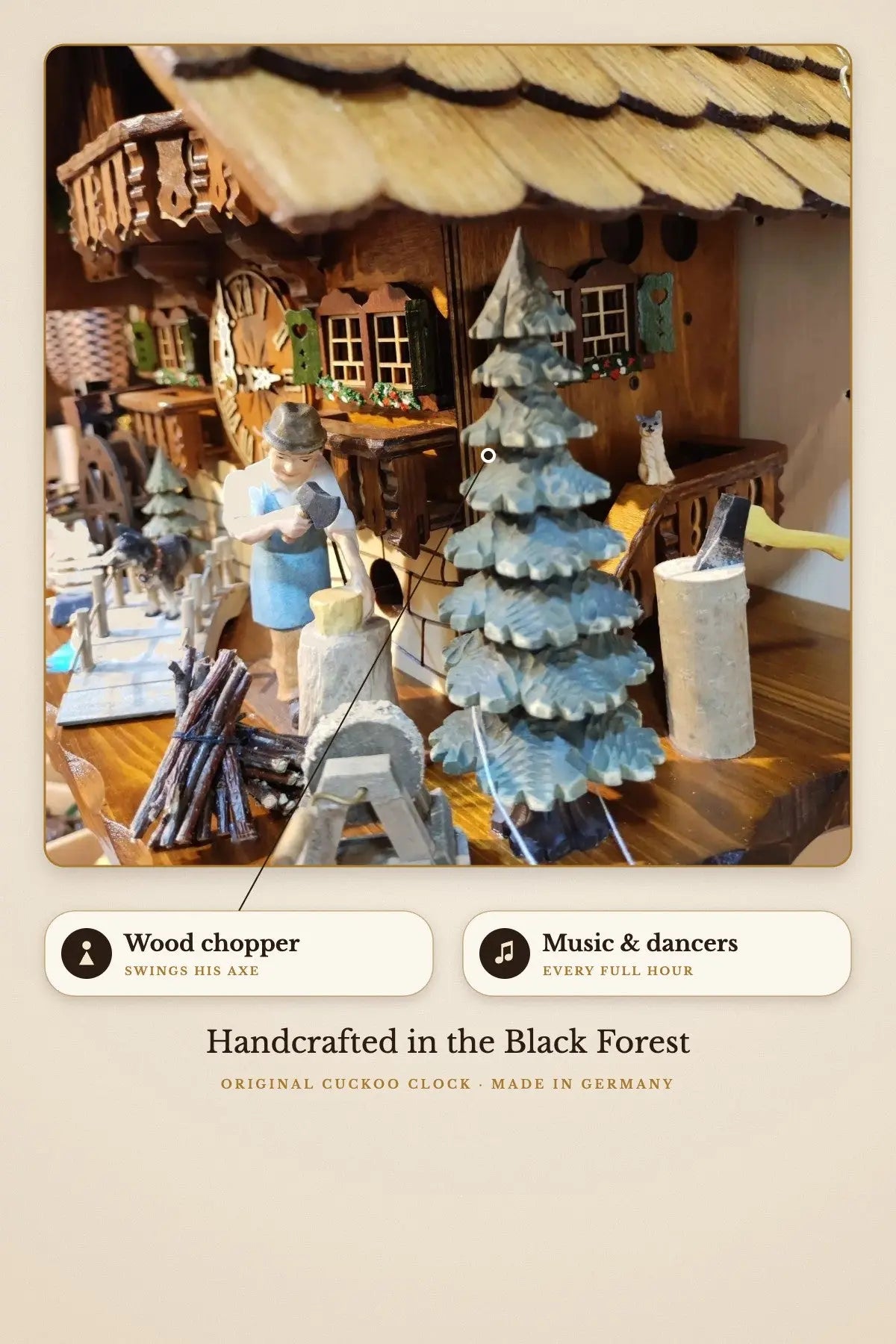 Wood chopper swinging his axe, music and dancers | Montag Steins & Clocks
