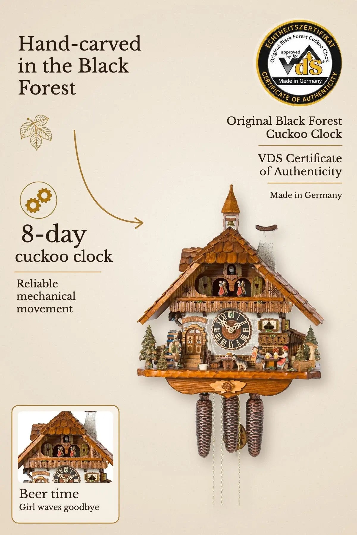 Black Forest scene beer time 8 days cuckoo clock with music – hand-carved, VDS certified | Montag Steins & Clocks
