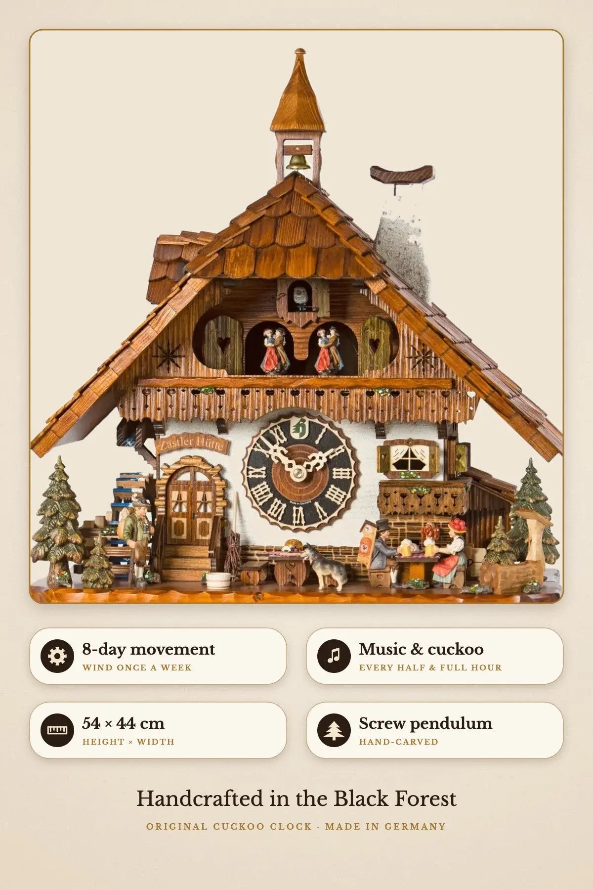 8-day movement, music and cuckoo, 54 x 44 cm, hand-carved screw pendulum | Montag Steins & Clocks
