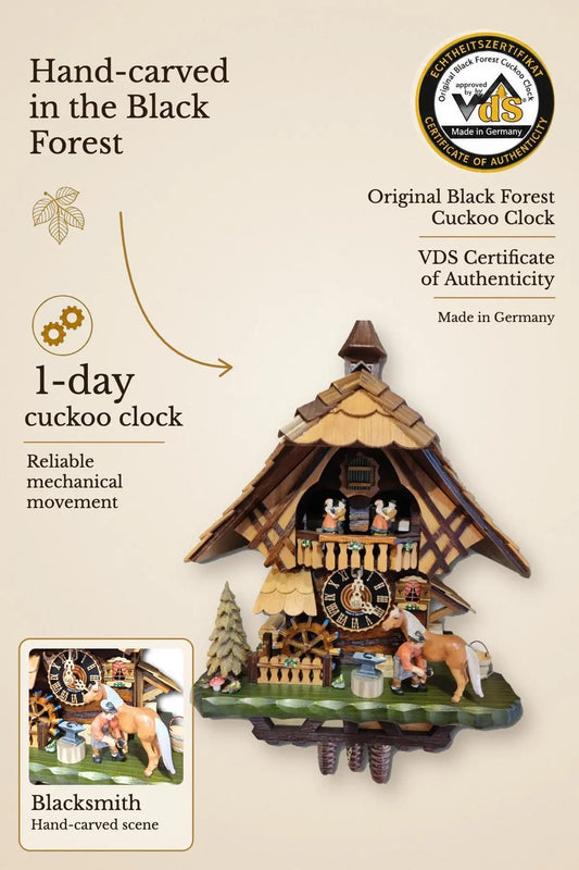 Blacksmith with Black Forest house 1 day cuckoo clock with music – VDS certified | Montag Steins & Clocks