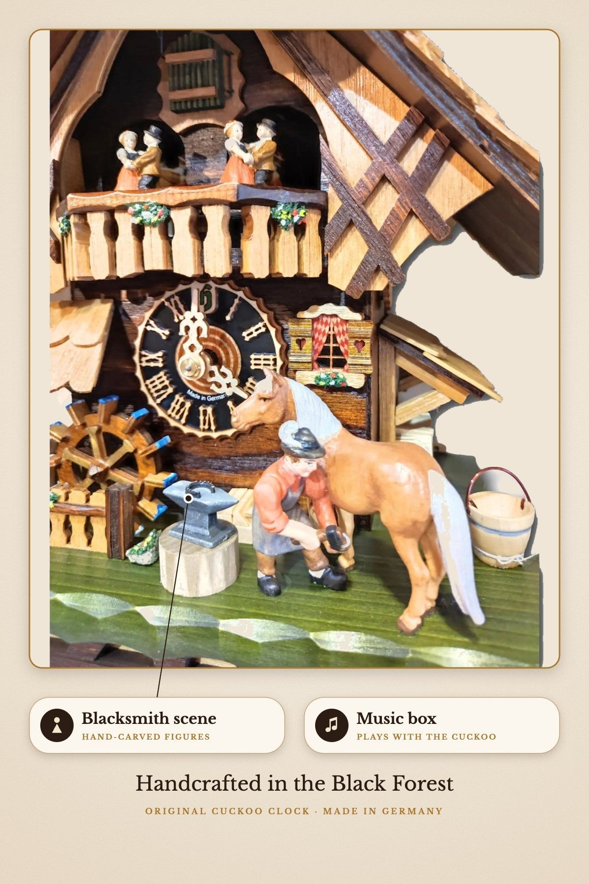 Hand-carved blacksmith scene with music box | Montag Steins & Clocks