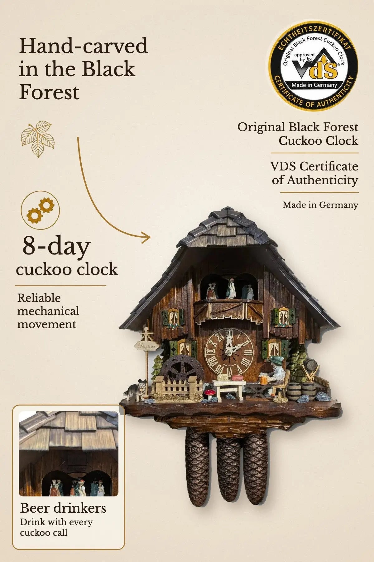 Chalet style beer drinker 8 days cuckoo clock with music – hand-carved, VDS certified | Montag Steins & Clocks