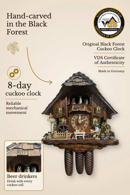 Chalet style beer drinker 8 days cuckoo clock with music – hand-carved, VDS certified | Montag Steins & Clocks