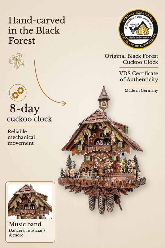 Chalet style music band 8 days cuckoo clock with music – hand-carved, VDS certified | Montag Steins & Clocks