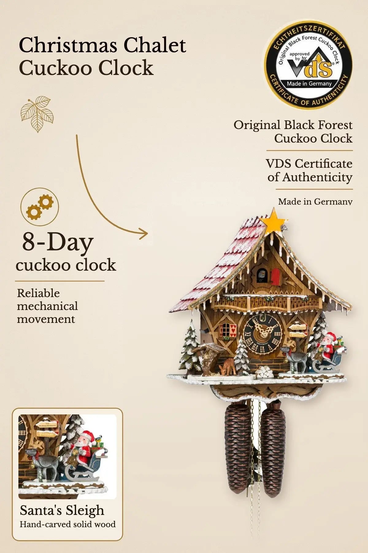 Christmas Chalet 8-Day Cuckoo Clock with Santa's sleigh – VDS certified | Montag Steins & Clocks