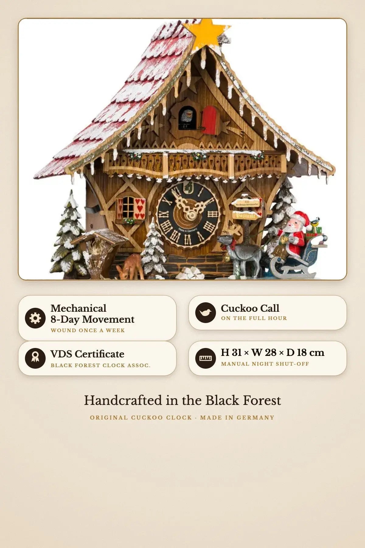 Christmas Chalet cuckoo clock – 8-day movement, H 31 × W 28 × D 18 cm | Montag Steins & Clocks
