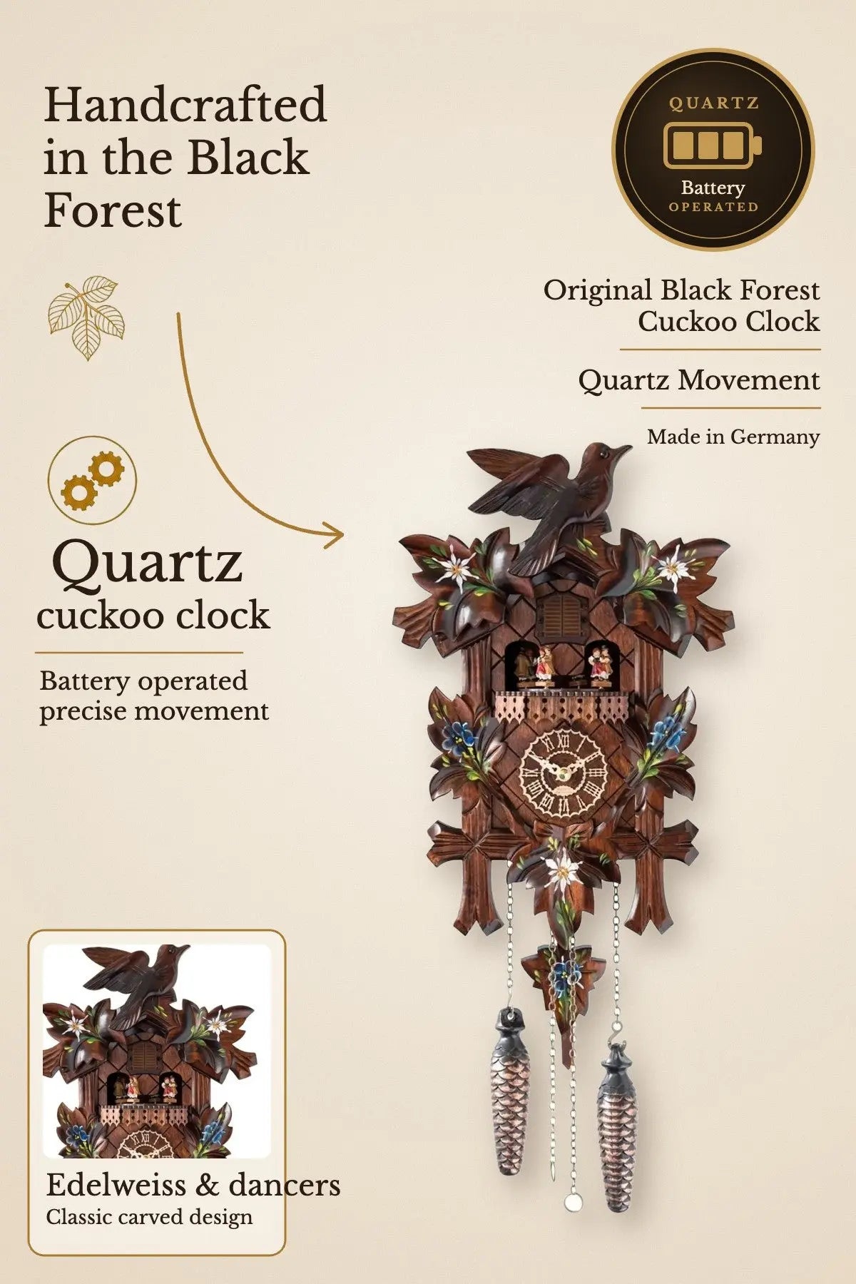 Classic quartz cuckoo clock with edelweiss and dancers | Montag Steins & Clocks