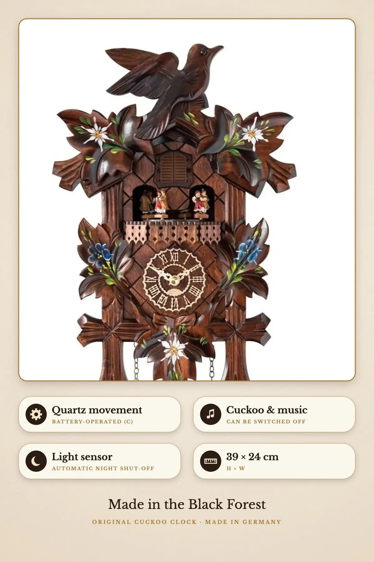 Edelweiss and dancers – light sensor, 39 × 24 cm | Montag Steins & Clocks