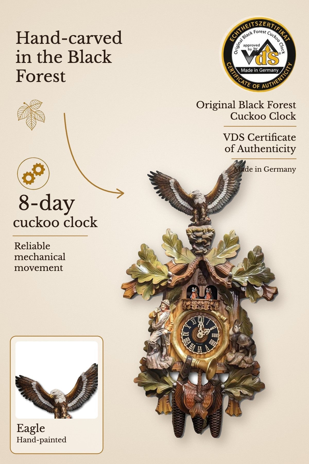 Climber with Eagle colorful 8 day cuckoo clock with music – VDS certified | Montag Steins & Clocks
