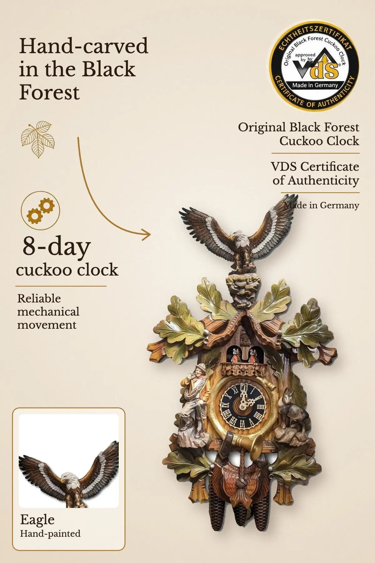 Climber with Eagle colorful 8 day cuckoo clock with music – VDS certified | Montag Steins & Clocks