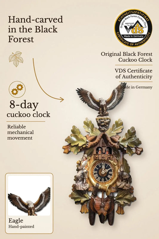 Climber with Eagle colorful 8 day cuckoo clock with music – VDS certified | Montag Steins & Clocks
