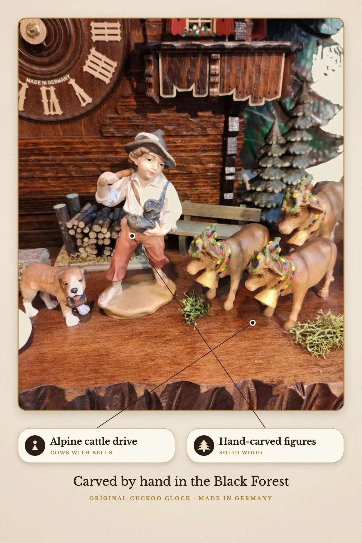 Alpine cattle drive with hand-carved cows and figures | Montag Steins & Clocks