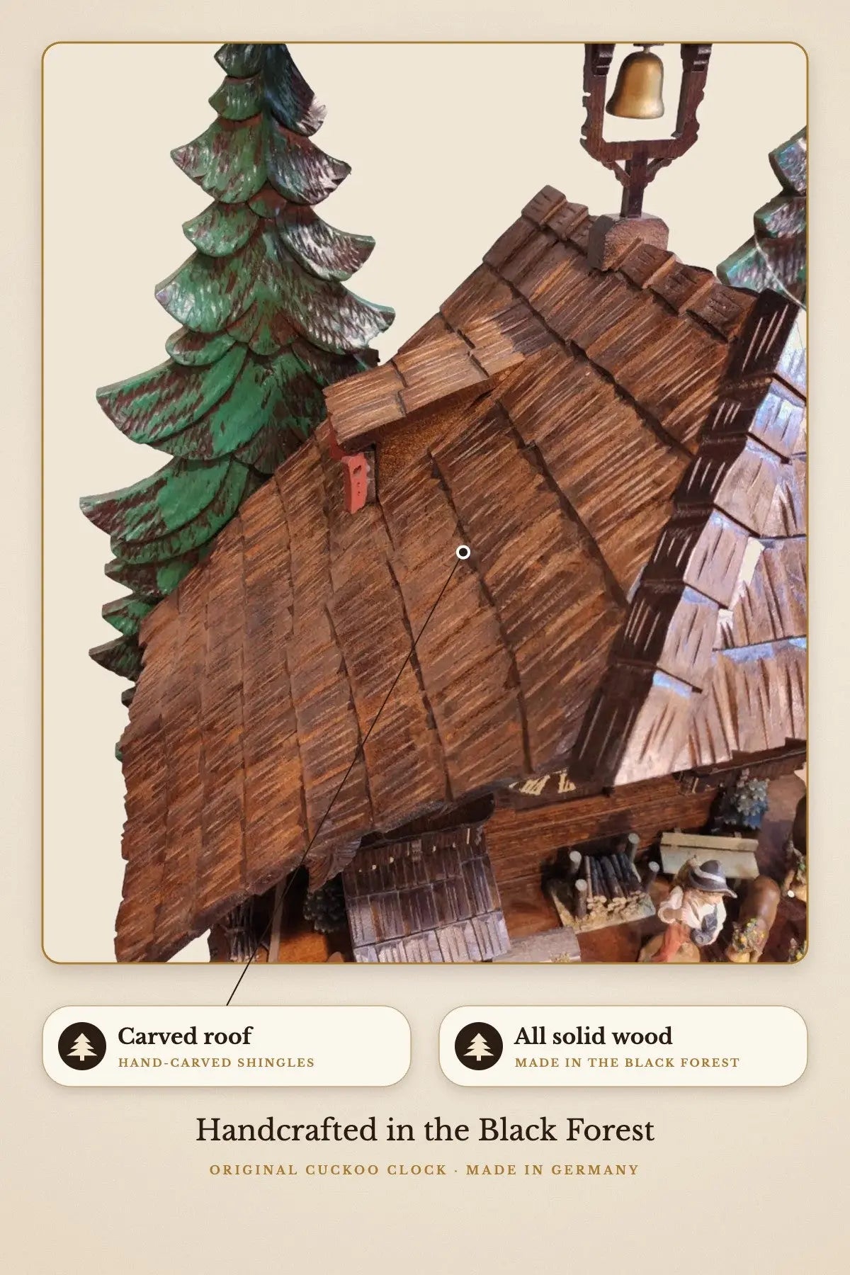 Hand-carved roof of the Almabtrieb cuckoo clock | Montag Steins & Clocks
