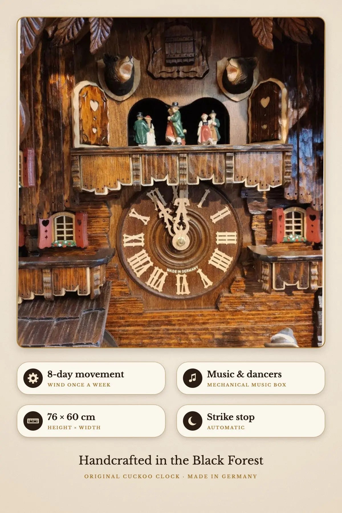 8-day movement, music and dancers, 76 x 60 cm, automatic strike stop | Montag Steins & Clocks