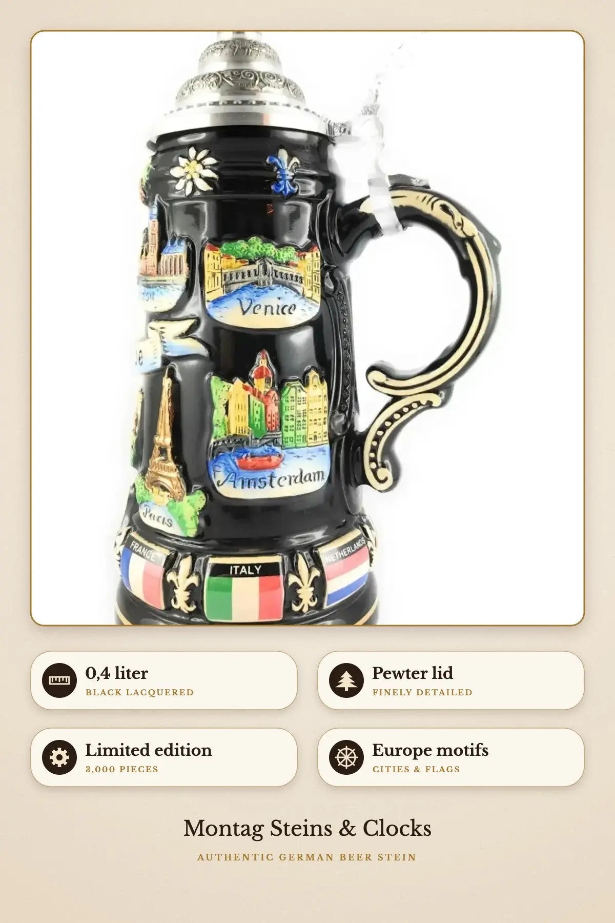 Contiki Europe black lacquered – pewter lid, European cities | Montag Steins & Clocks