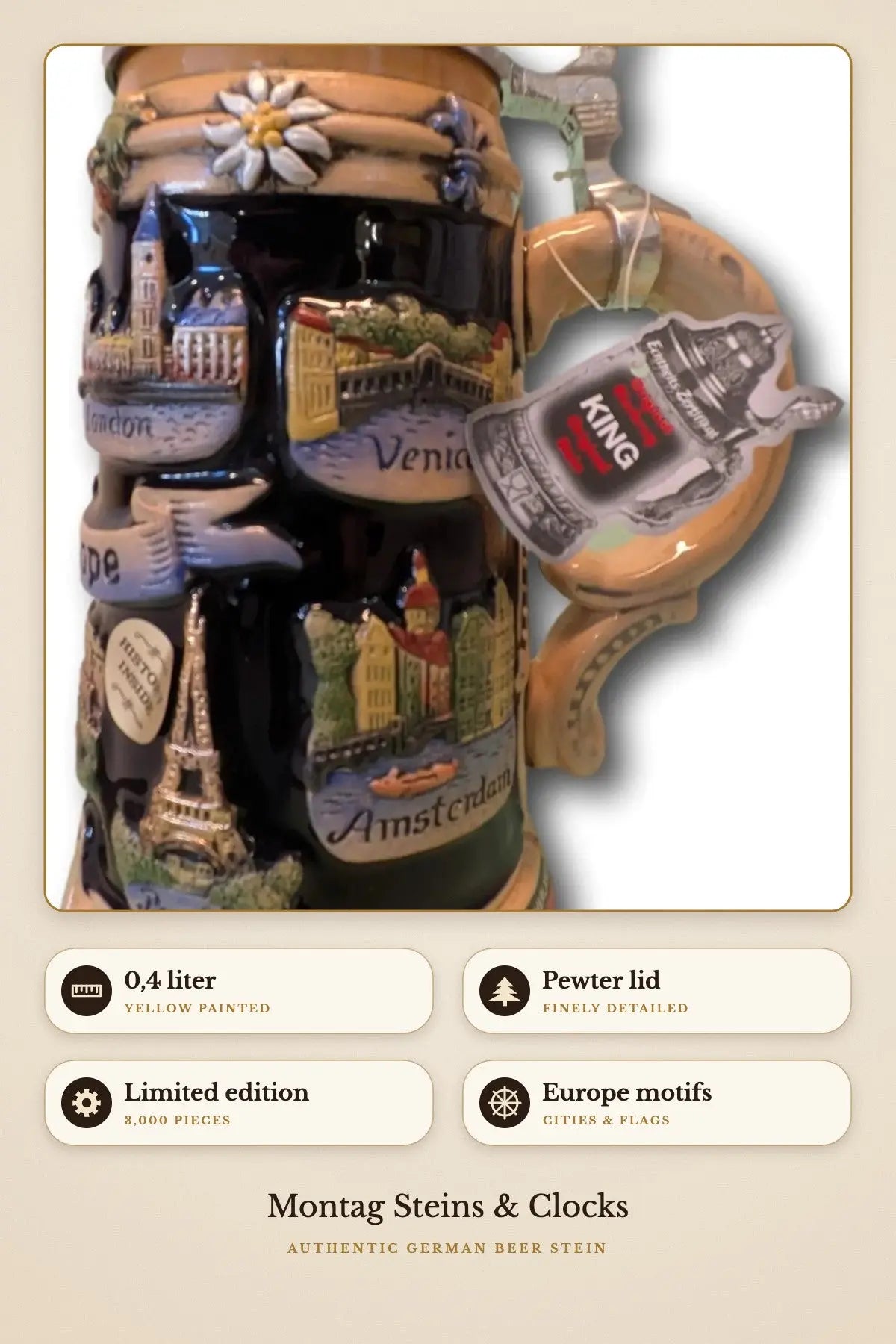 Contiki Europe beer stein – pewter lid, European cities and flags | Montag Steins & Clocks