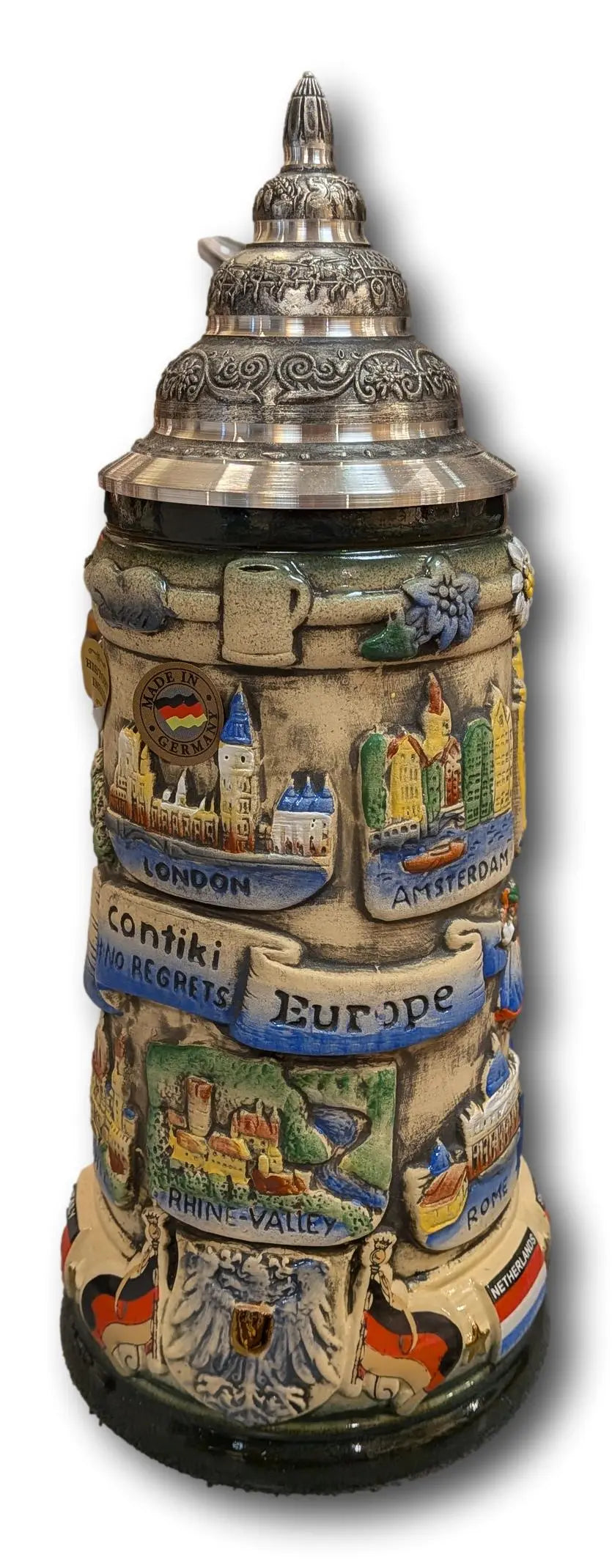 Contiki Europe 750ml antik painted German beer mug Montag Steins & Clocks