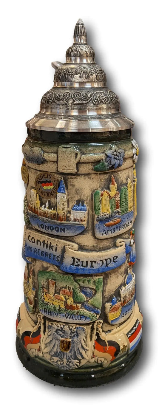 Contiki Europe 750ml antik painted German beer mug Montag Steins & Clocks