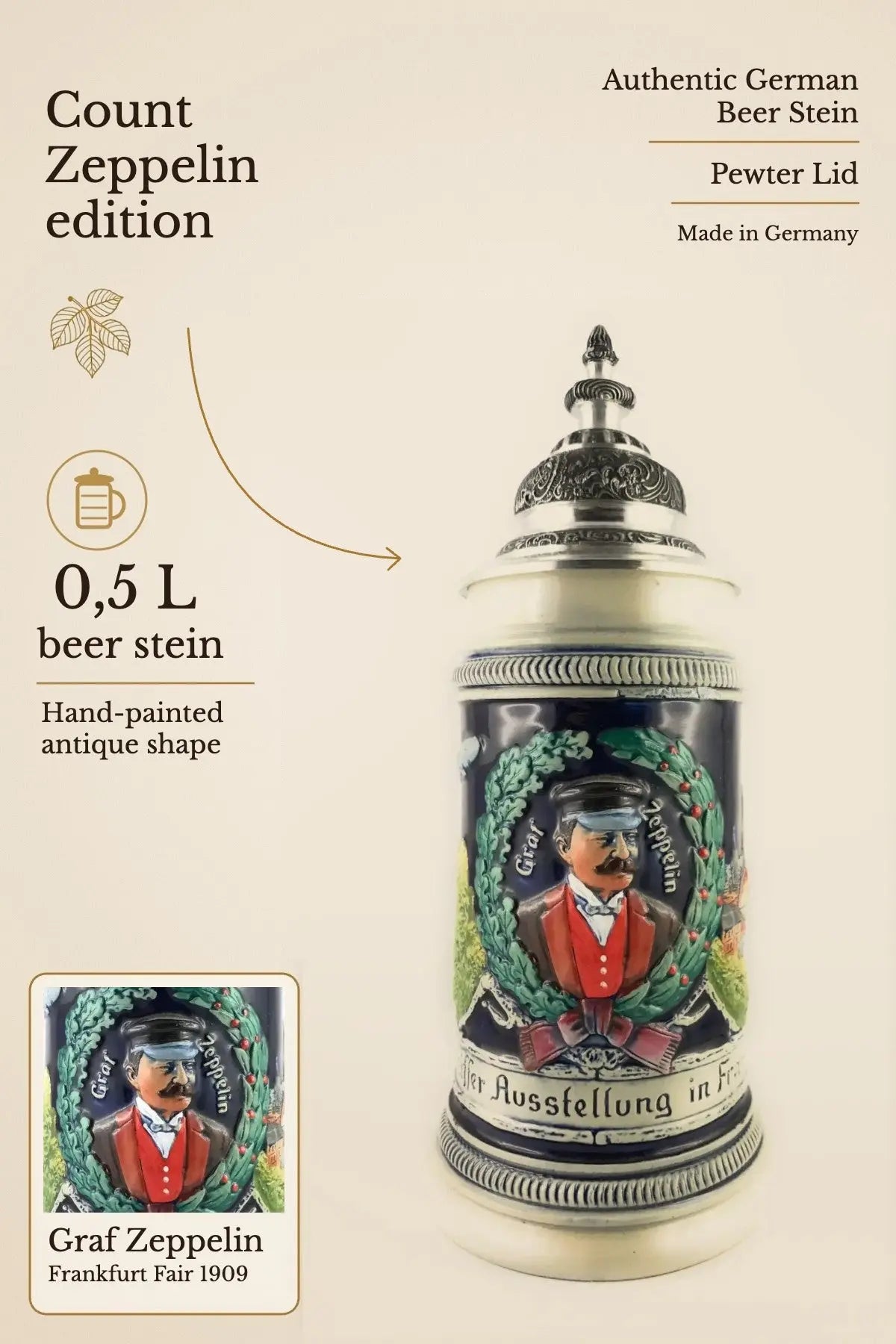 Count Zeppelin beer stein 0,5L – hand-painted, pewter lid | Montag Steins & Clocks