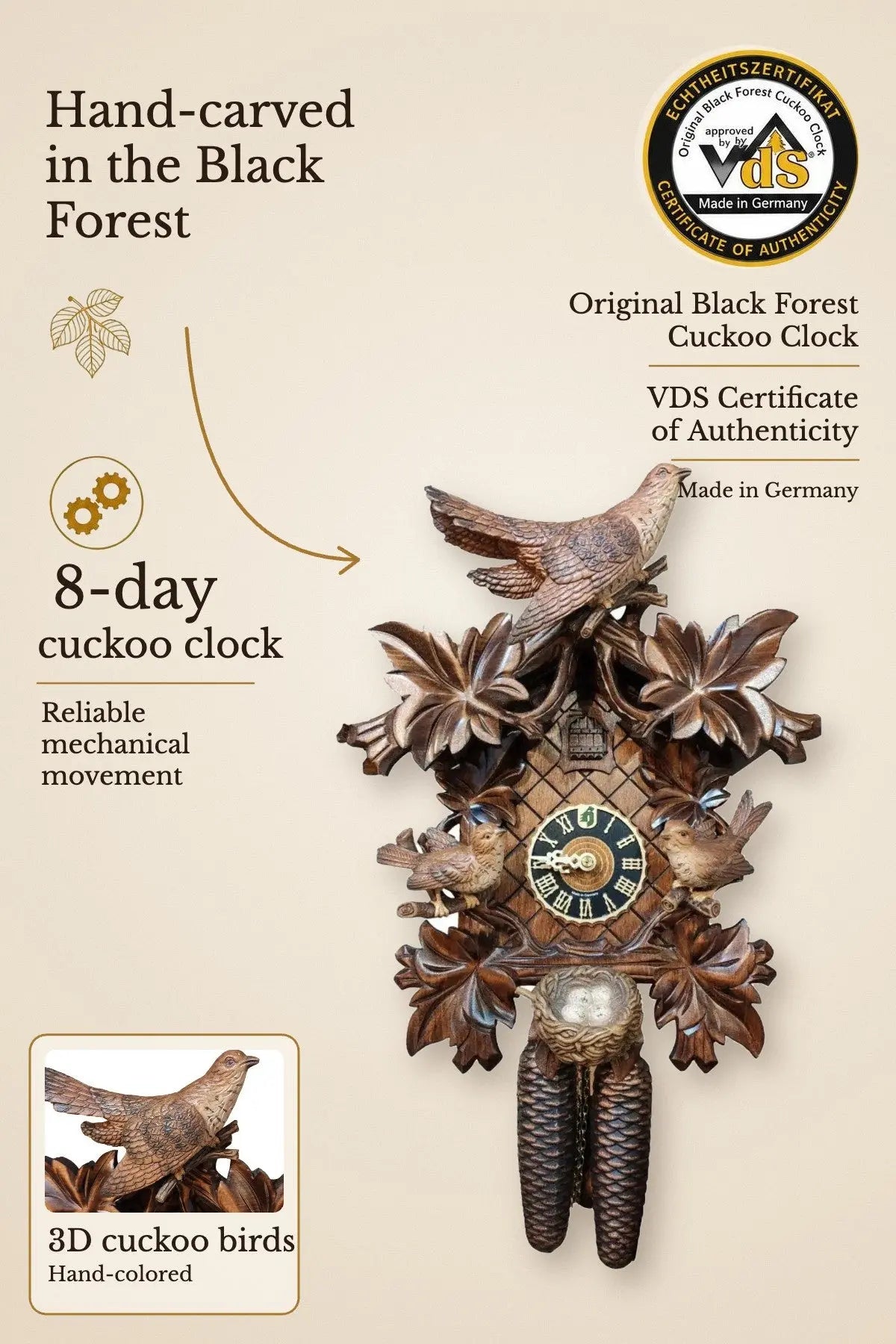 Cuckoo birds colored 8 day cuckoo clock – hand-carved, VDS certified | Montag Steins & Clocks