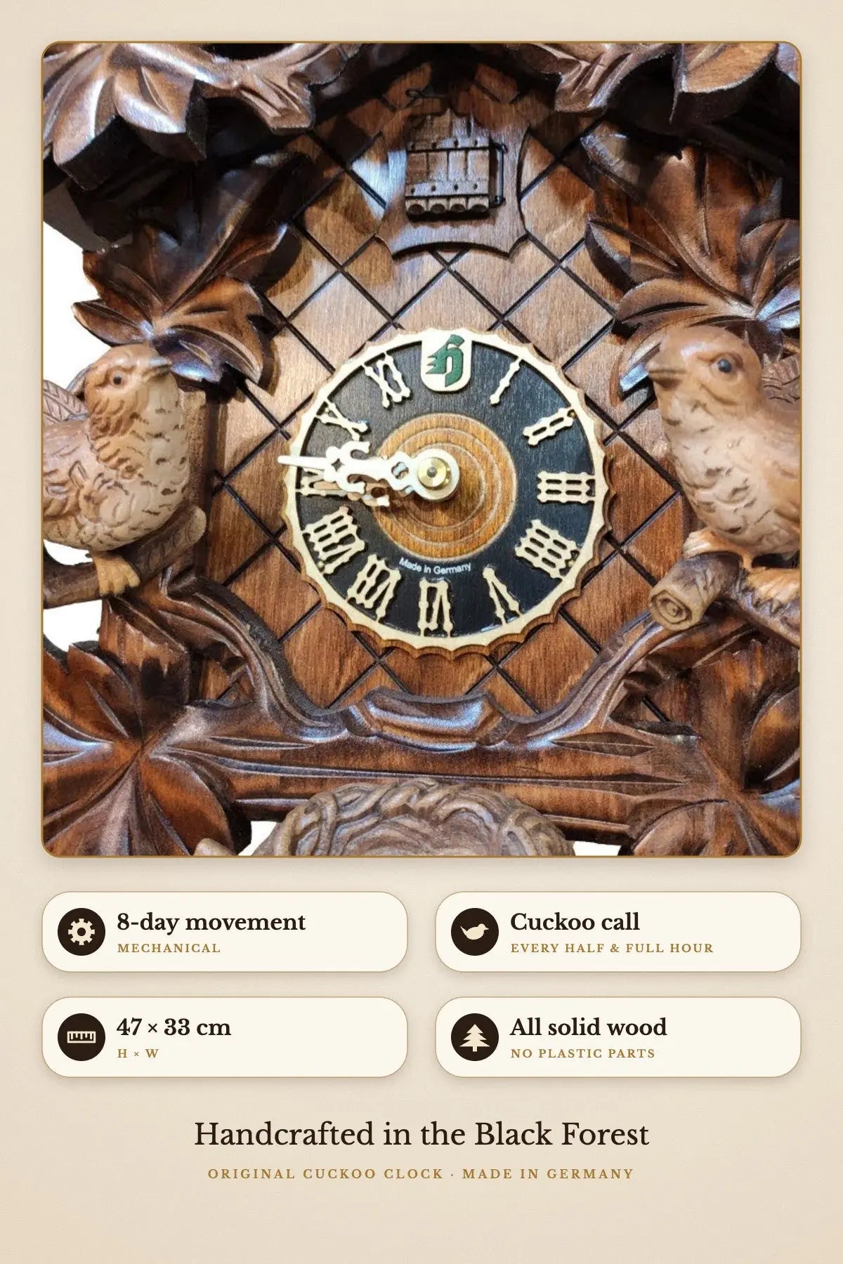 Cuckoo birds colored – 8-day movement, 47 × 33 cm, all solid wood | Montag Steins & Clocks