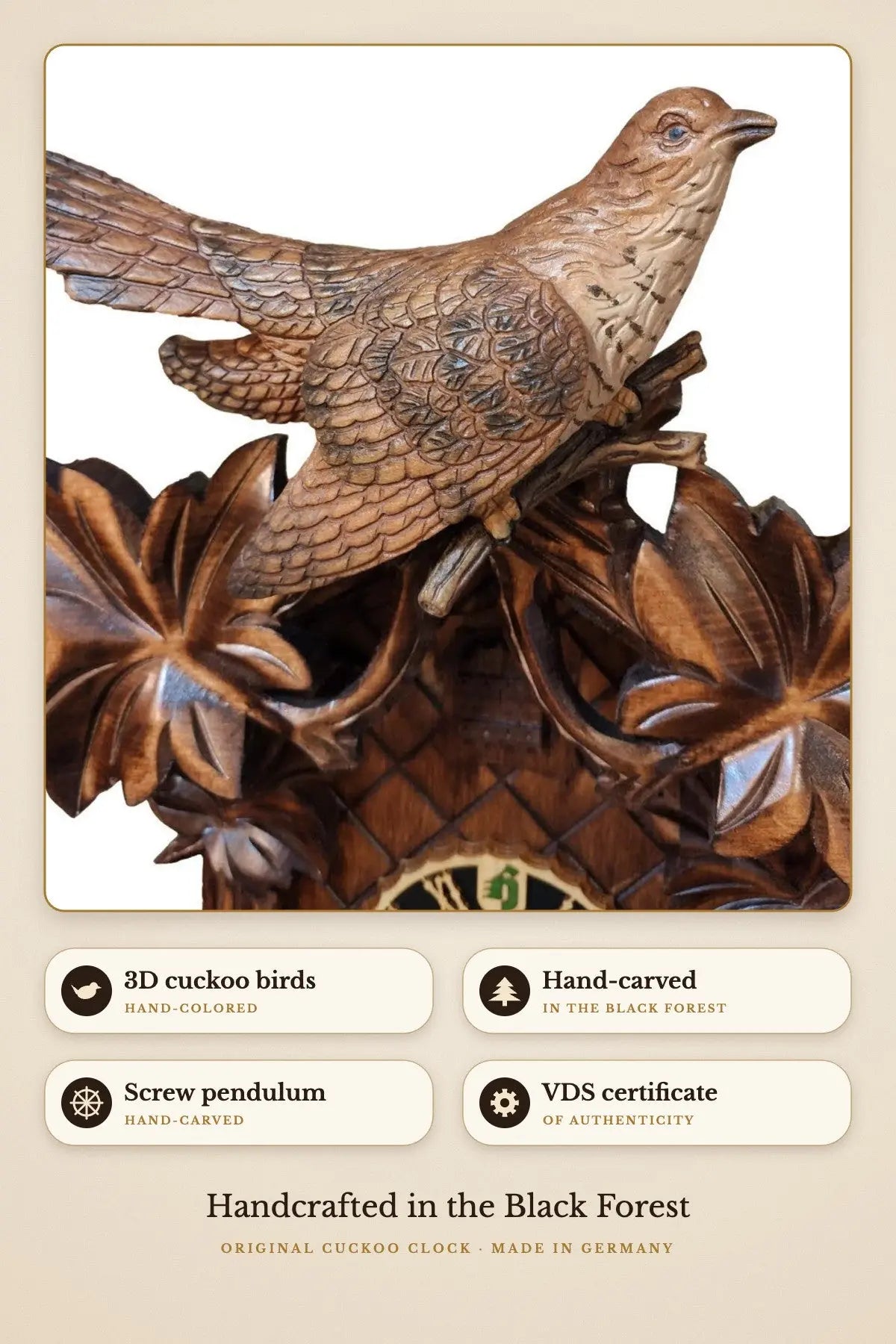 Cuckoo birds colored – hand-colored 3D cuckoo bird detail | Montag Steins & Clocks