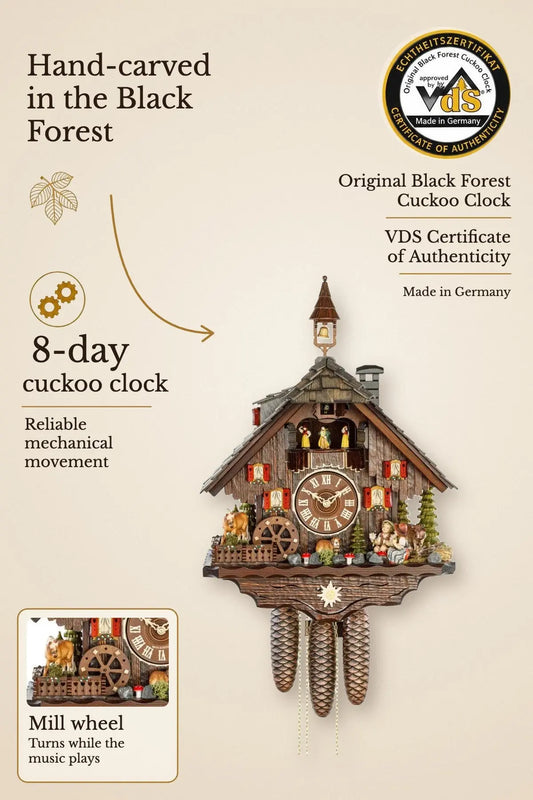 Edelweiss alm gray roof 8 day cuckoo clock with music – hand-carved, VDS certified | Montag Steins & Clocks
