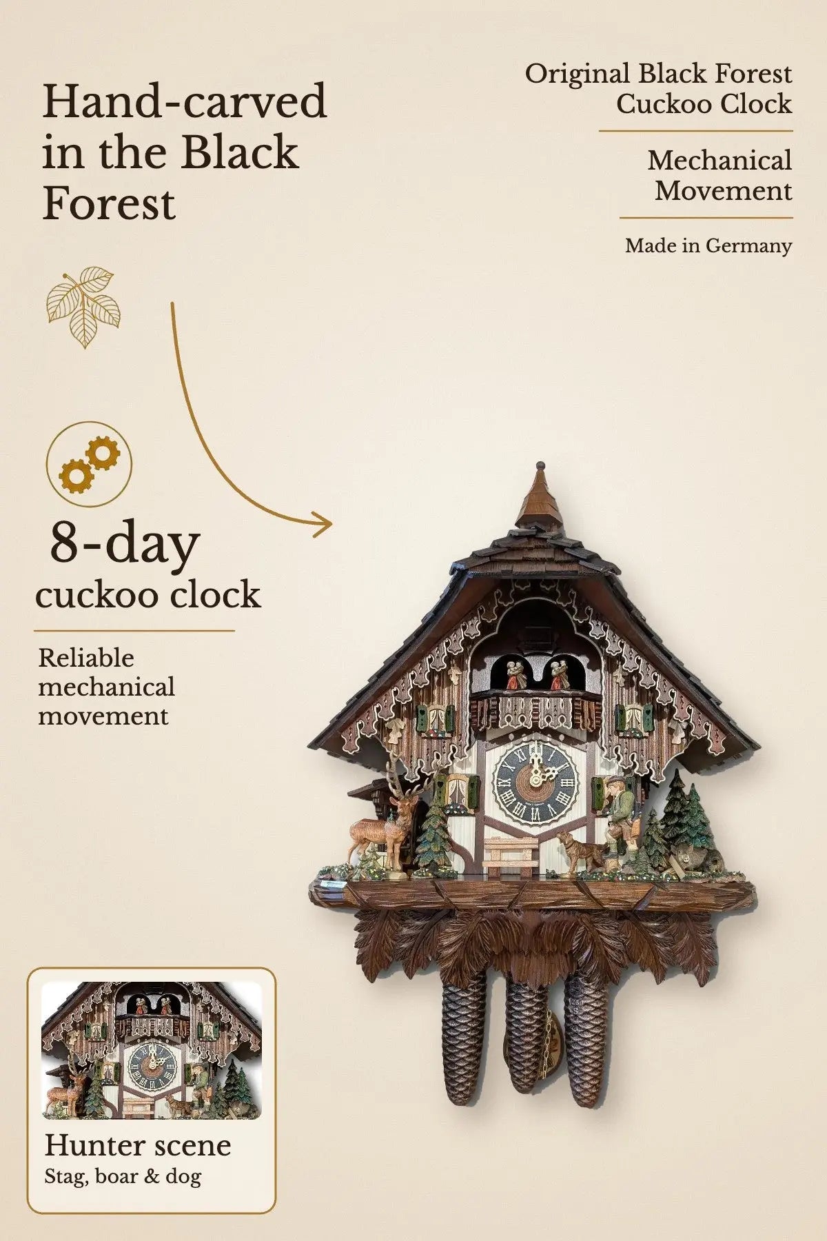 Black Forest Hunter Chalet Cuckoo Clock – 8-day, hand-carved | Montag Steins & Clocks