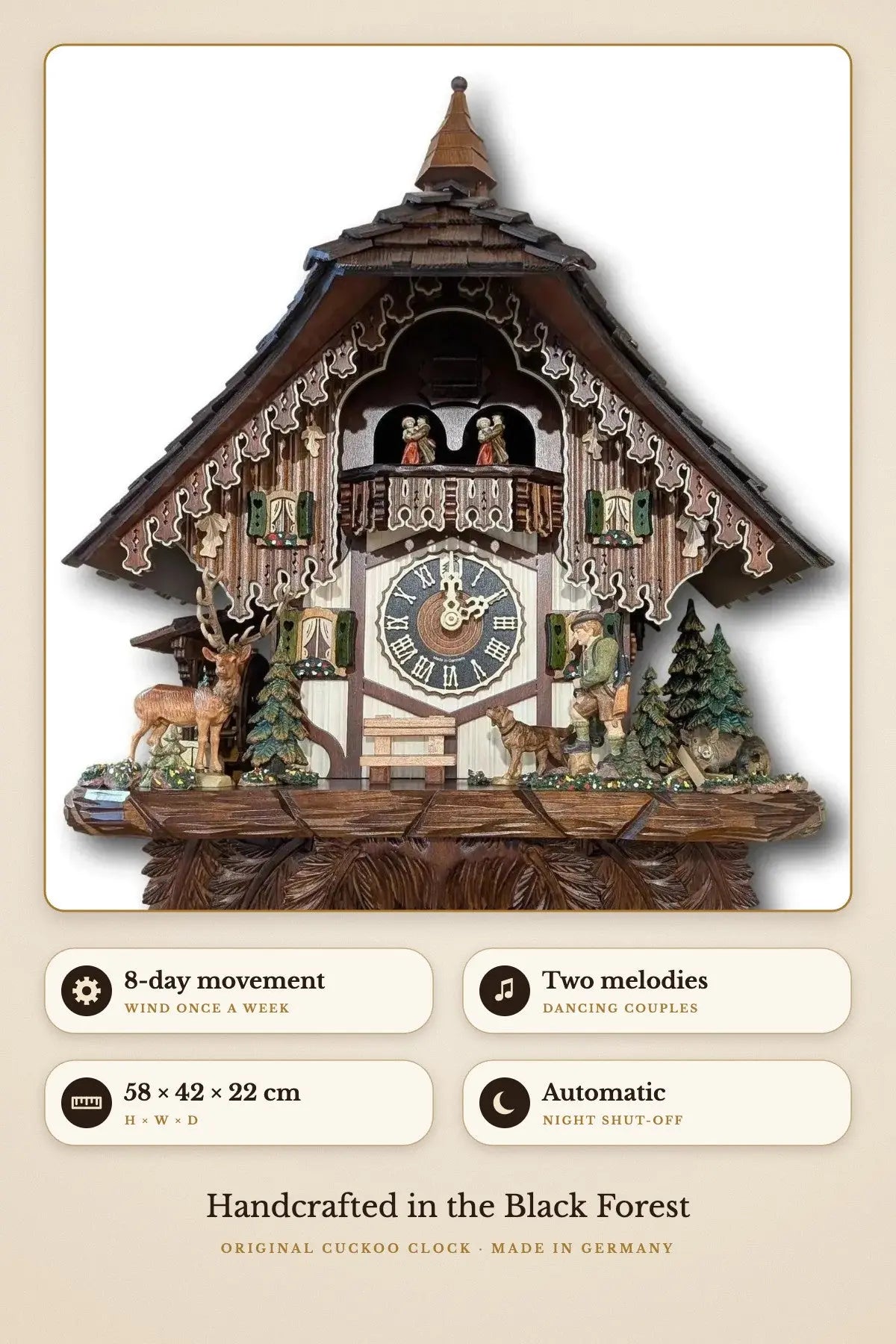 Hunter Chalet – 8-day, two melodies, 58 × 42 × 22 cm, automatic night shut-off | Montag Steins & Clocks