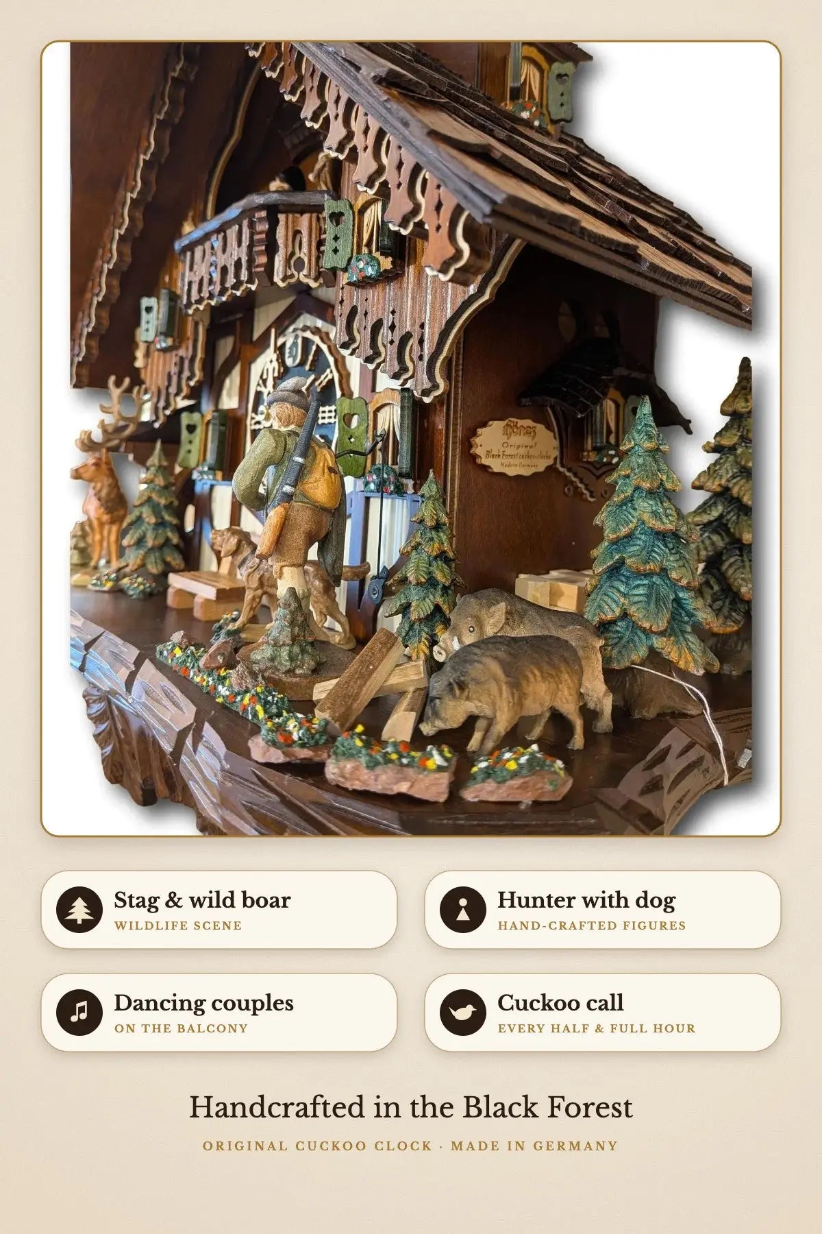 Hunter Chalet Cuckoo Clock – stag, wild boar and hunter with dog | Montag Steins & Clocks