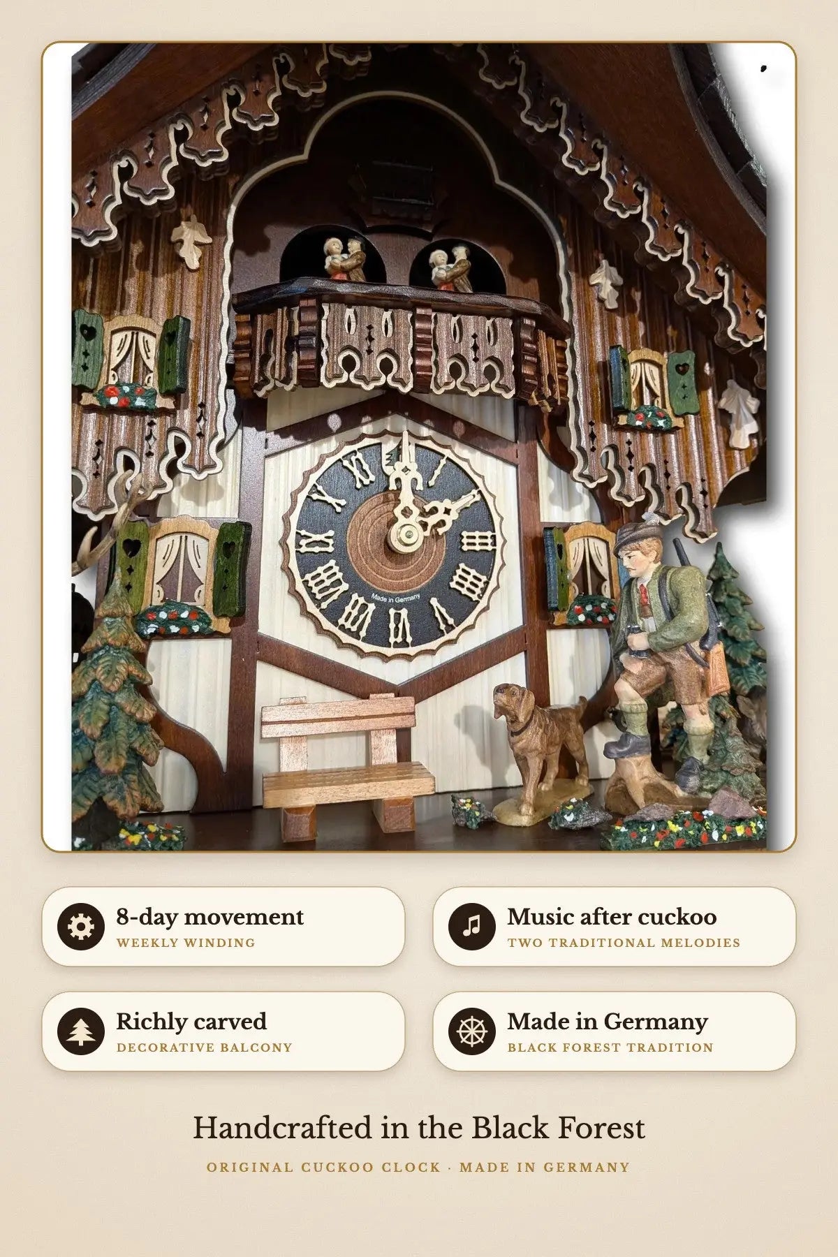 Hunter Chalet Cuckoo Clock – dancing couples on the balcony, 8-day with music | Montag Steins & Clocks