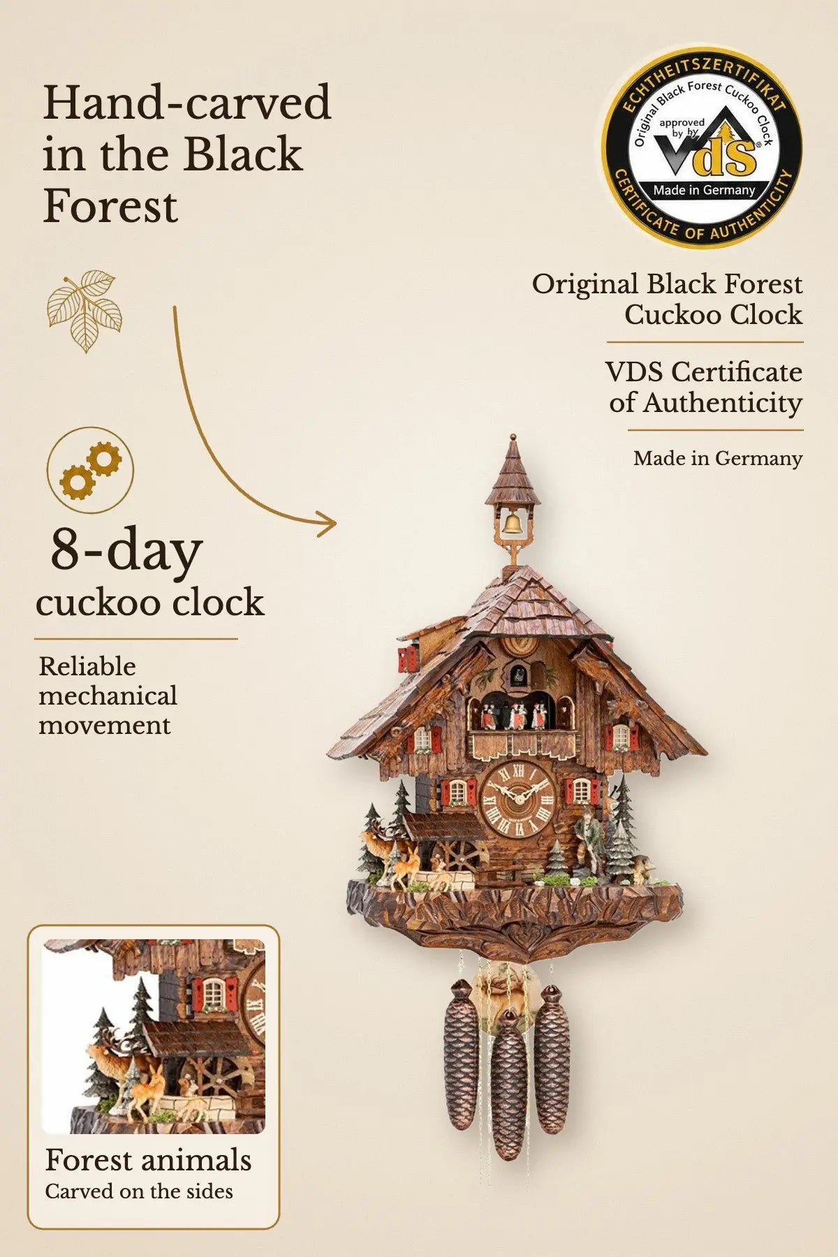 Forest scene house 8 days cuckoo clock – hand-carved, VDS certified | Montag Steins & Clocks