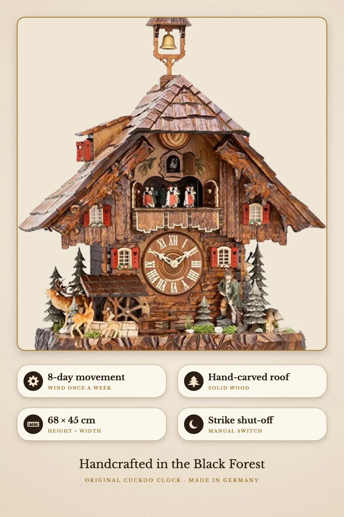 8-day movement, hand-carved roof, 68 x 45 cm, manual strike shut-off | Montag Steins & Clocks