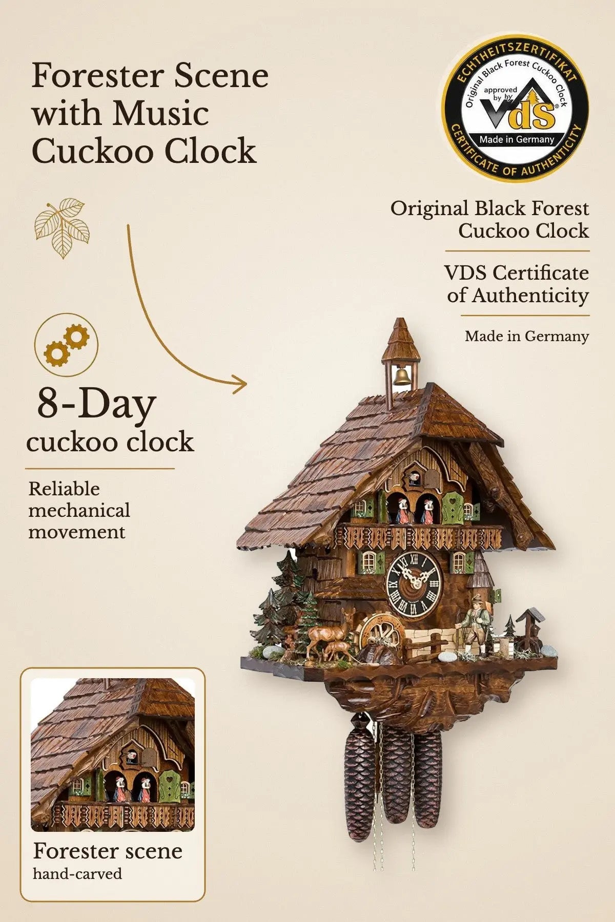 Forester scene 8-day cuckoo clock with music – main image