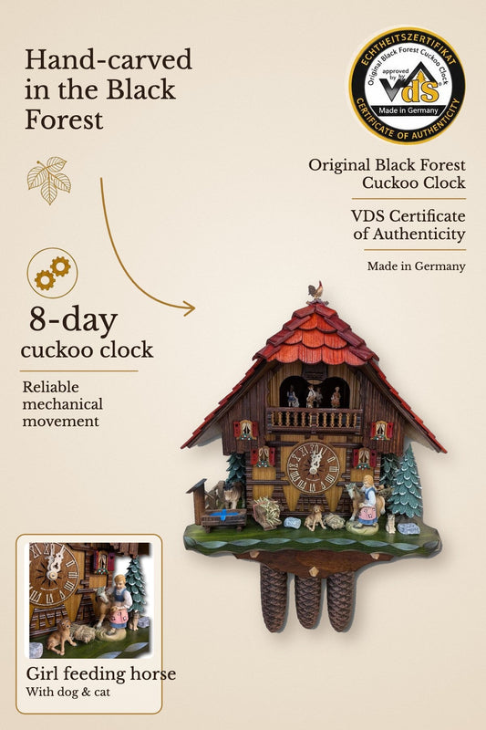 Girl Feeding the Horse Chalet Cuckoo Clock – 8-day, with music, VDS certified | Montag Steins & Clocks