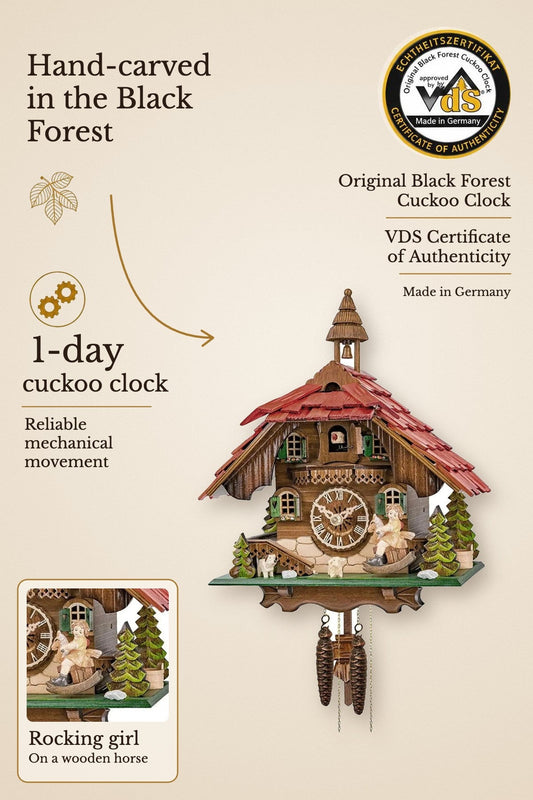 Girl on rocking horse 1-day cuckoo clock – hand-carved, VDS certified | Montag Steins & Clocks