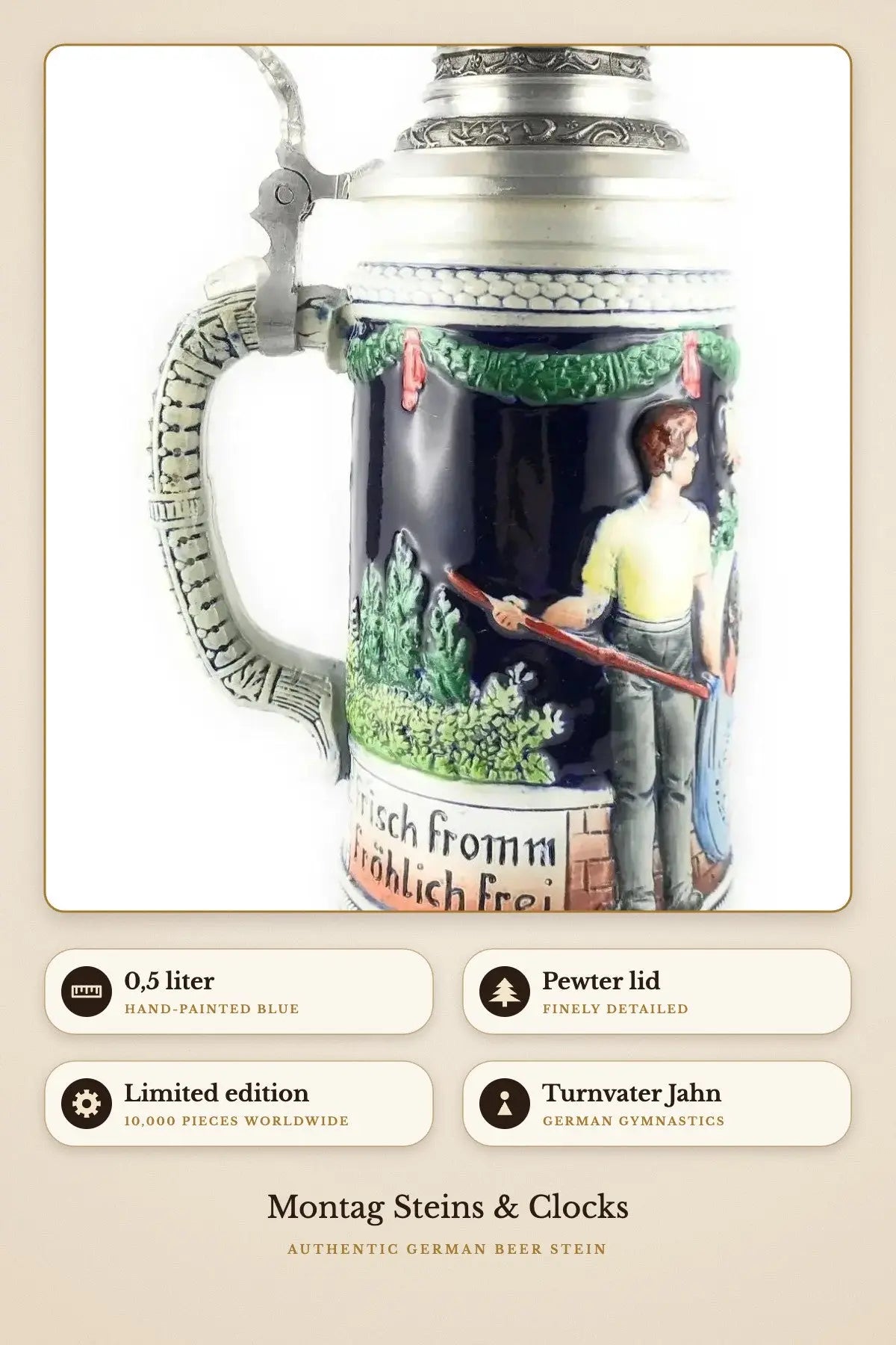 Turnvater Jahn stein – hand-painted blue, pewter lid | Montag Steins & Clocks