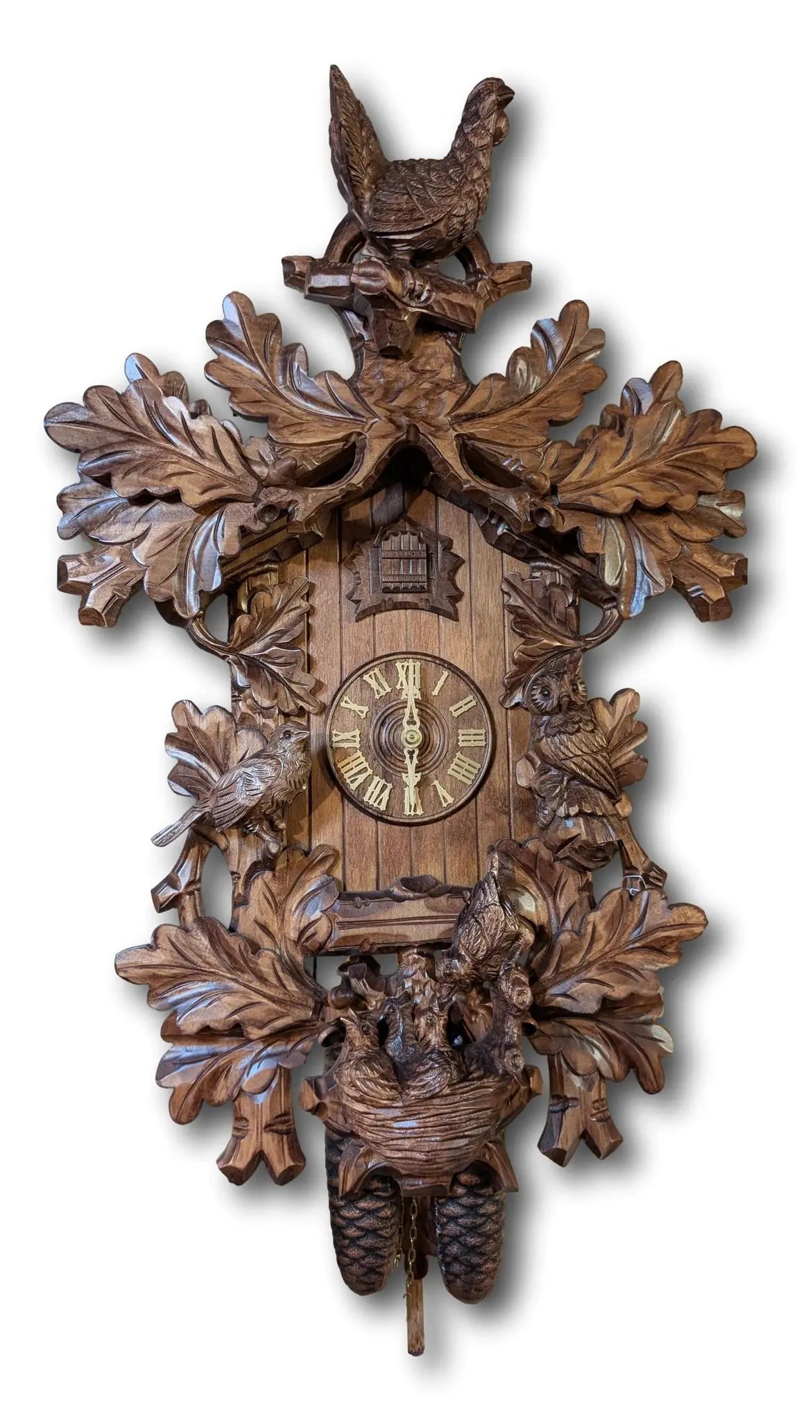 Hand Carved Black Forest Cuckoo Clock 1 Day Movement | Turkey Bird Owl and Oak Leaves | Made in Germany Montag Steins & Clocks