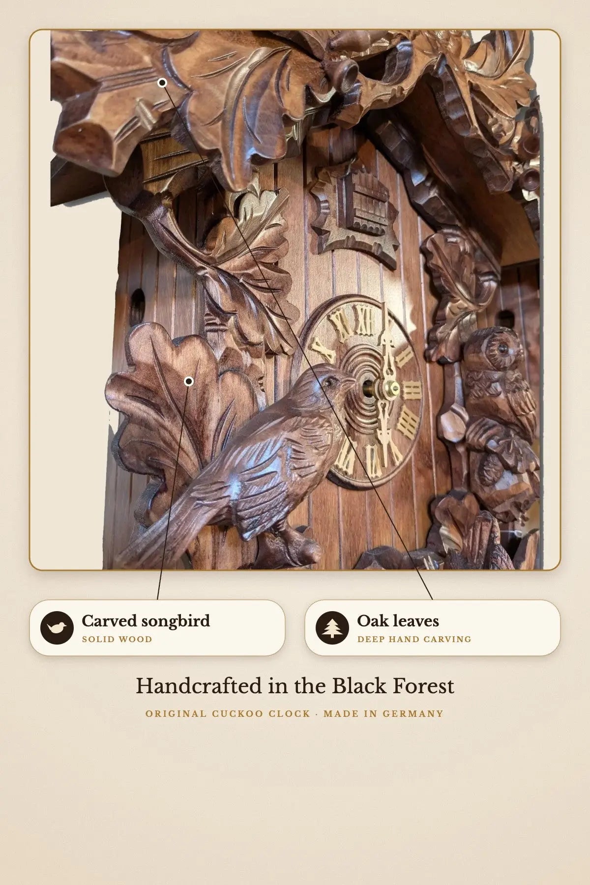 Carved songbird and oak leaves | Montag Steins & Clocks