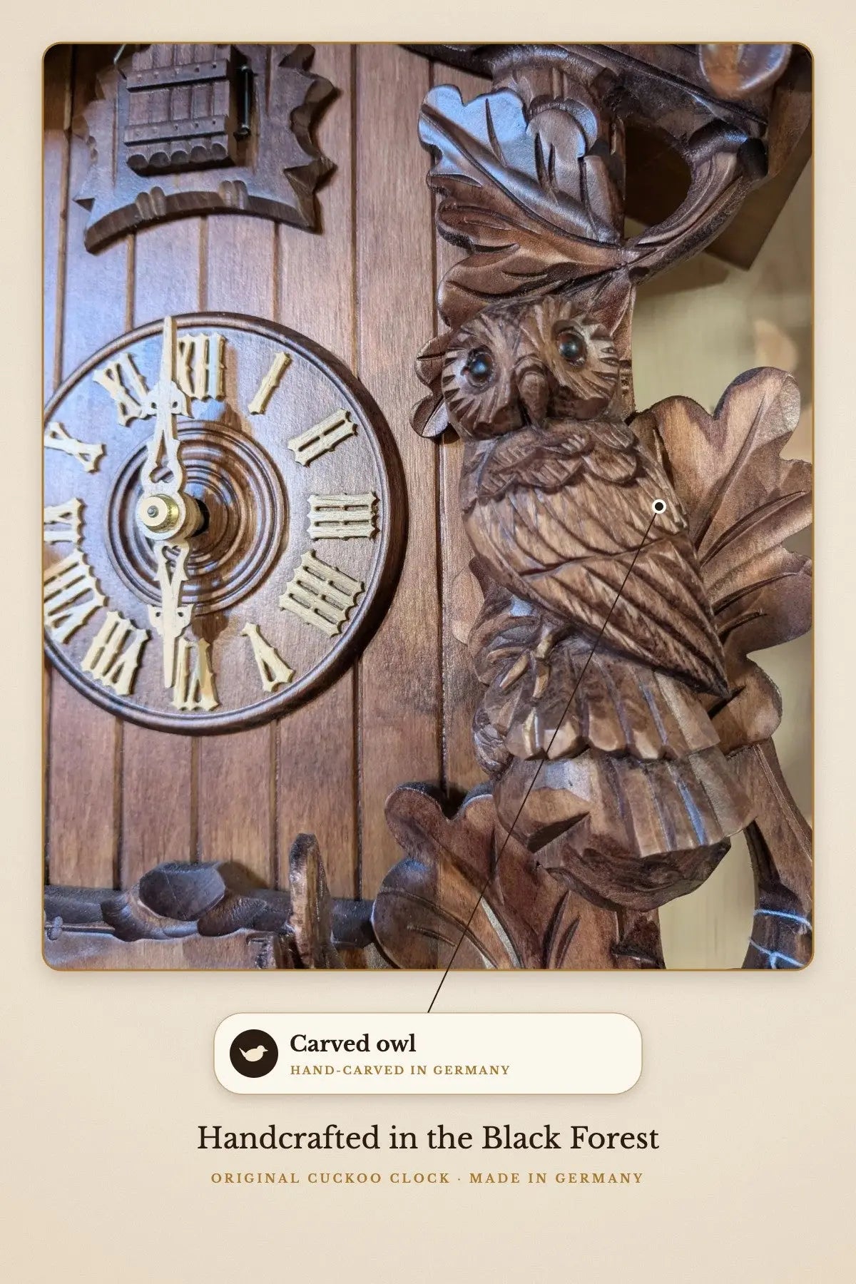 Hand-carved owl | Montag Steins & Clocks