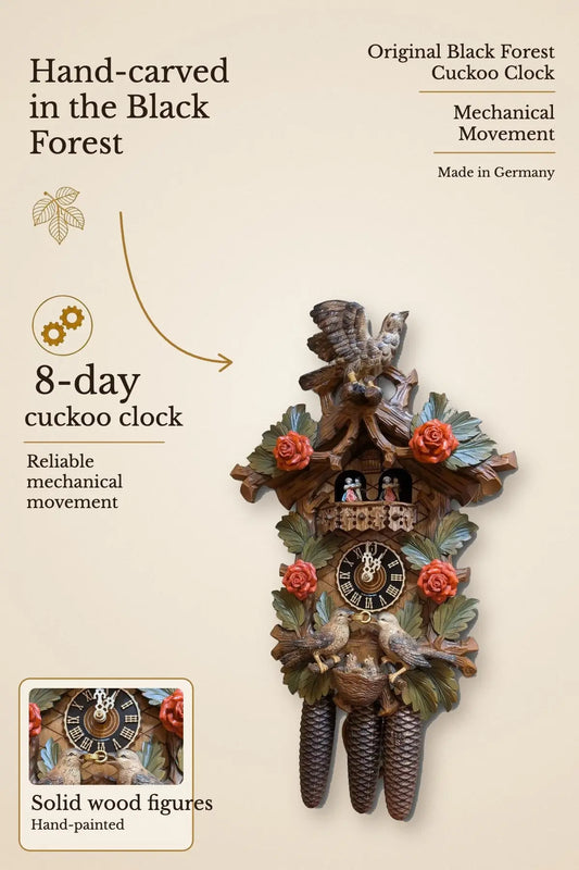 Happy Marriage Black Forest Cuckoo Clock – 8-day musical, hand-carved | Montag Steins & Clocks