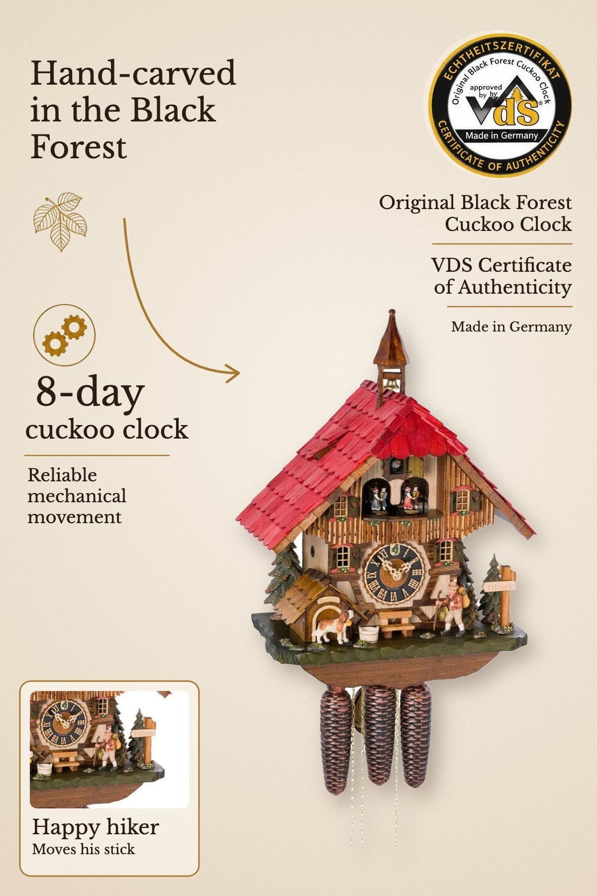 Happy hiker and Bello 8-day cuckoo clock with music – VDS certified | Montag Steins & Clocks