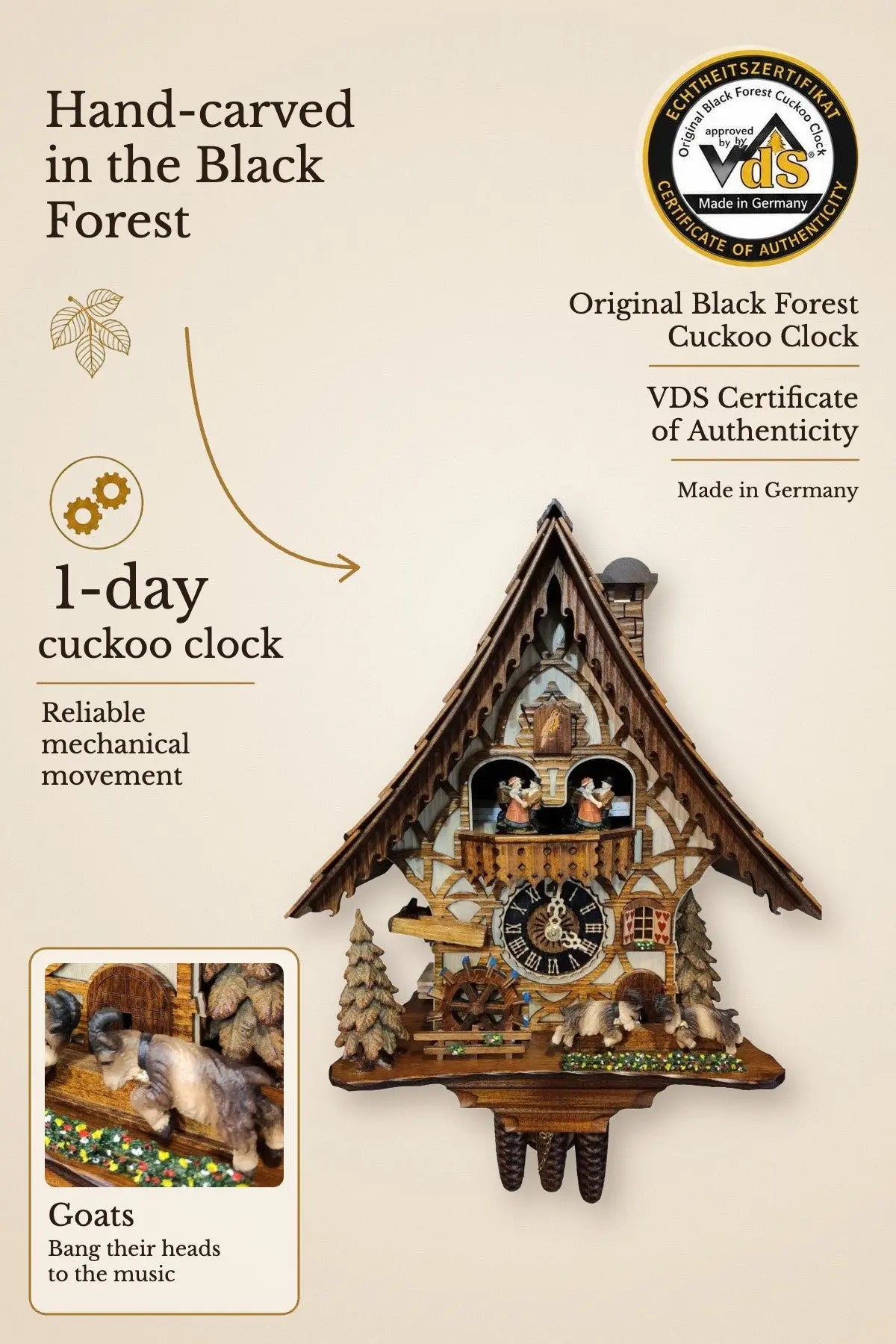 Head-banging goats with dancers 1 day cuckoo clock with music – hand-carved, VDS certified | Montag Steins & Clocks