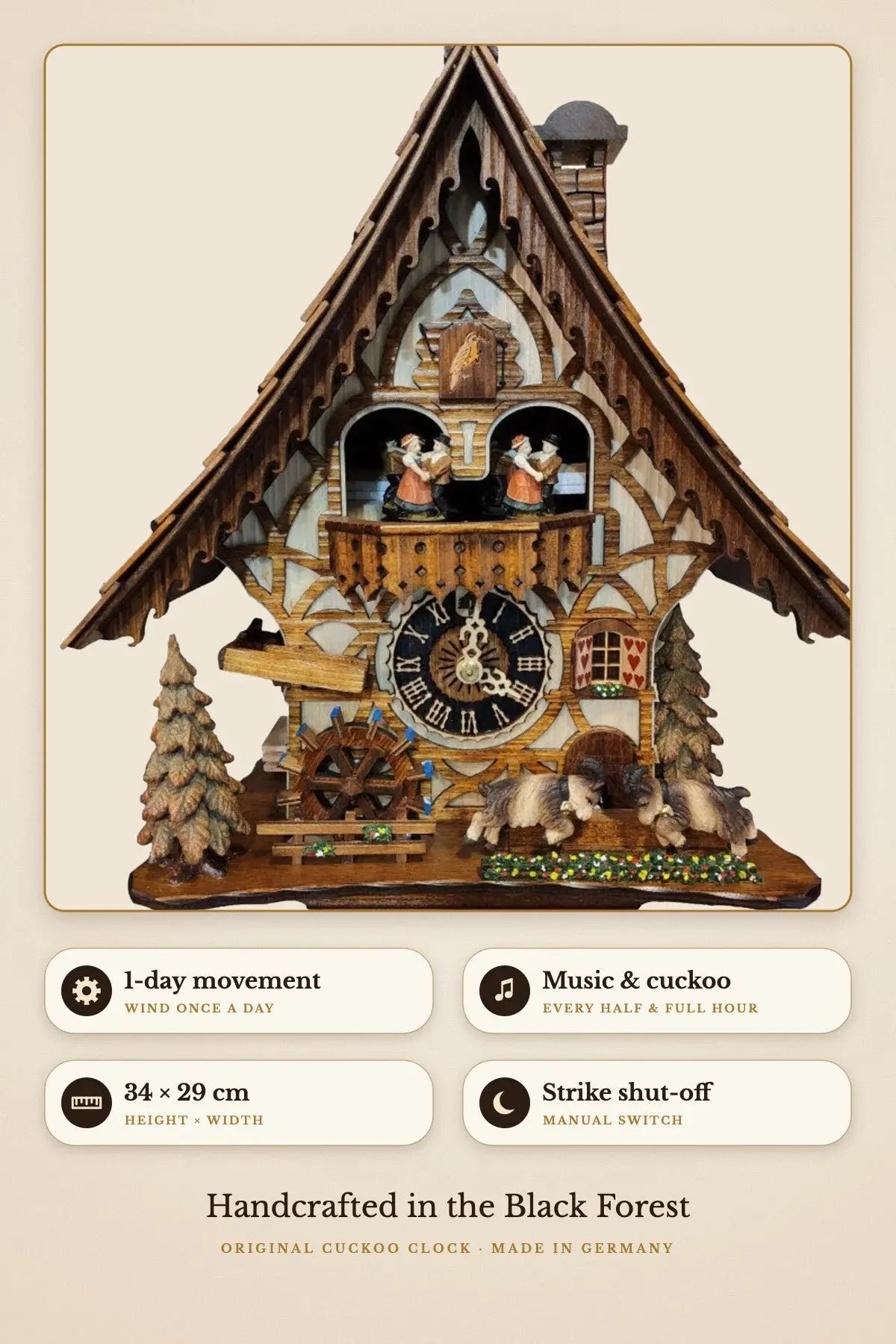 1-day movement, music and cuckoo, 34 x 29 cm, manual strike shut-off | Montag Steins & Clocks